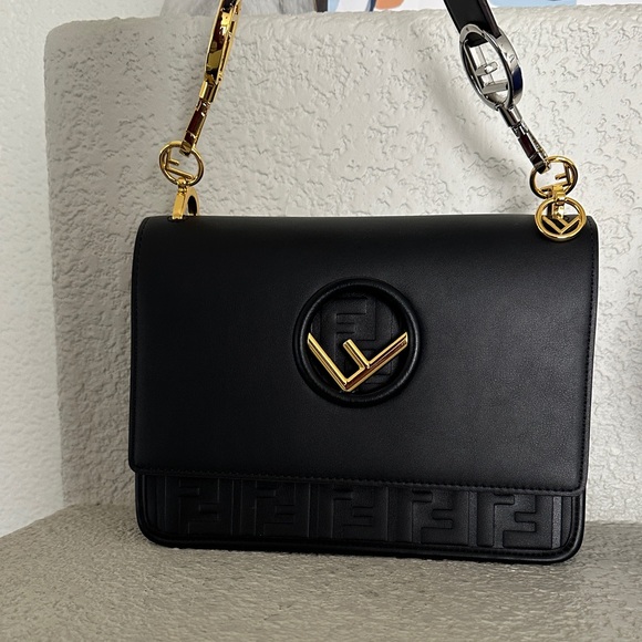 Fendi Inspired Black Shoulder Bag with Gold Accents - Picture 3 of 12